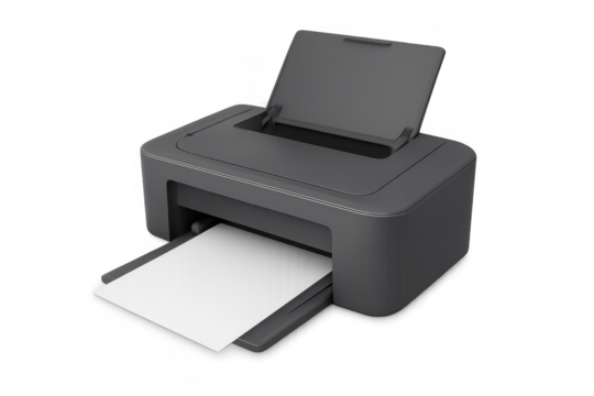 Modern gray printer printing blank document on transparent background