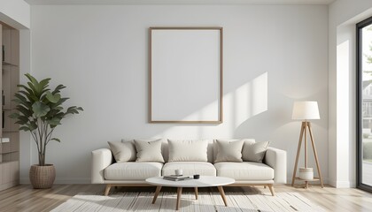 A modern, minimalist living room.Interior mockup with house background.3D render.