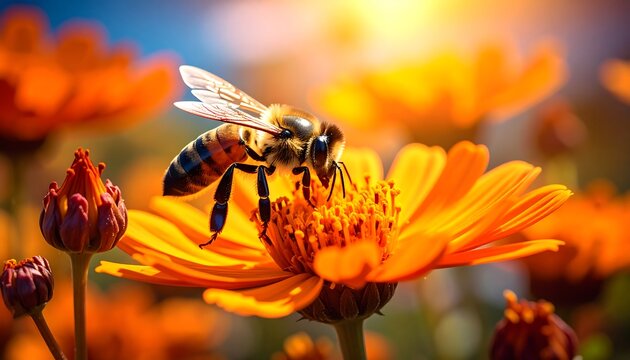 European honey bee collecting pollen from vibrant orange flowers in garden - Powered by Adobe