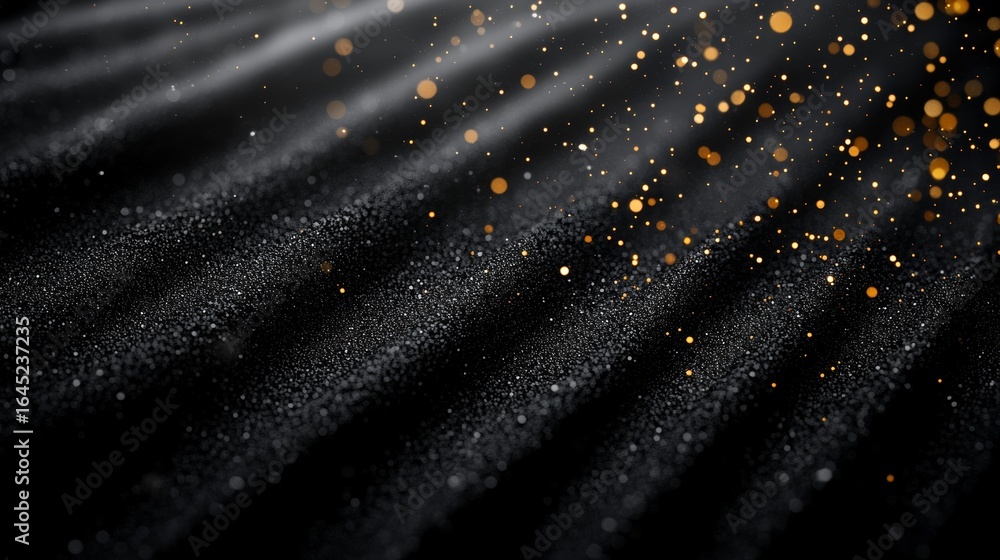 Poster golden glitter cascade on dark textured sand, creating an abstract pattern with sparkling depth