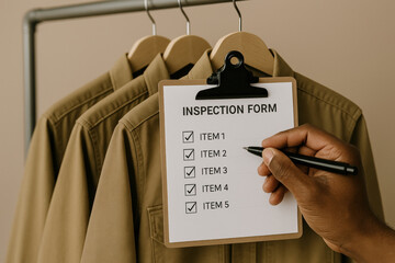 Hand marking completed checklist on inspection form with clipboard in front of neatly hung khaki shirts, quality control concept
