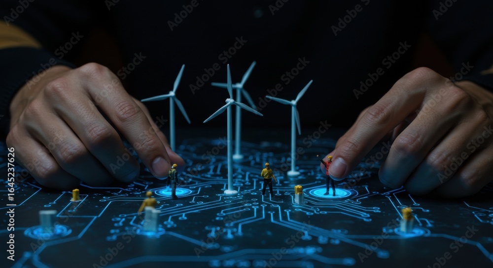 Poster man controlling miniature worker figures and wind turbines on a circuit board, representing green en