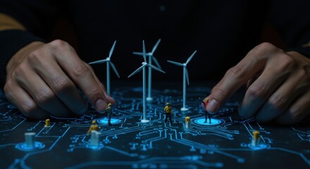 Man controlling miniature worker figures and wind turbines on a circuit board, representing green energy production and future technology.