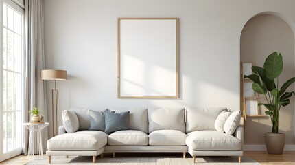 A modern, minimalist living room.Interior mockup with house background.3D render.