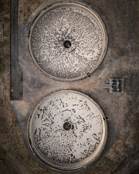 Drone aerial view of a sewage treatment plant in England