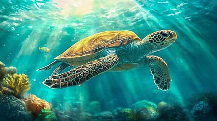 Obraz premium Sea turtle swimming in clear ocean sunlight rays coral reef below