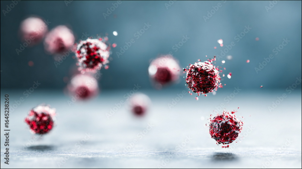 Poster red particles in slow motion float against a blurred background creating a mesmerizing visual effect