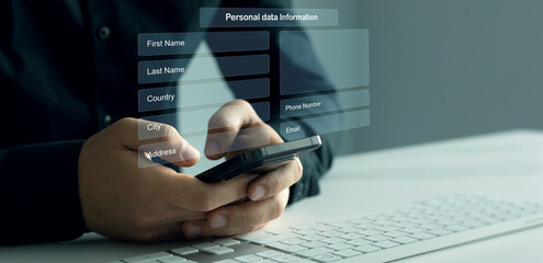 Man filling out a form with personal data online.	Personal data information management.Digital online employee form. Human resource concept.