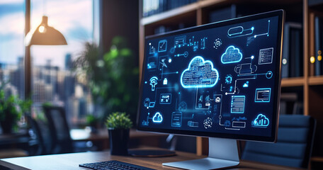 A computer screen displaying cloud computing icons and data flow diagrams, with an office background. 