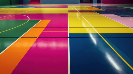 Colorful geometric patterns on modern indoor basketball court design