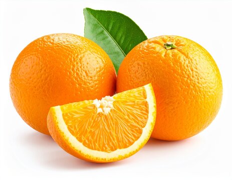 Fresh ripe oranges with a juicy slice and a green leaf isolated on a white background.