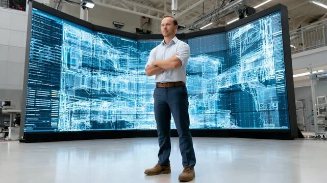 Tech Visionary in Command: A confident professional, arms crossed, stands before a sprawling array of dynamic displays. The scene evokes a futuristic feel.