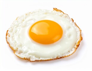 Single fried egg, sunny-side up, with a golden yolk and crispy white, isolated on a white background.