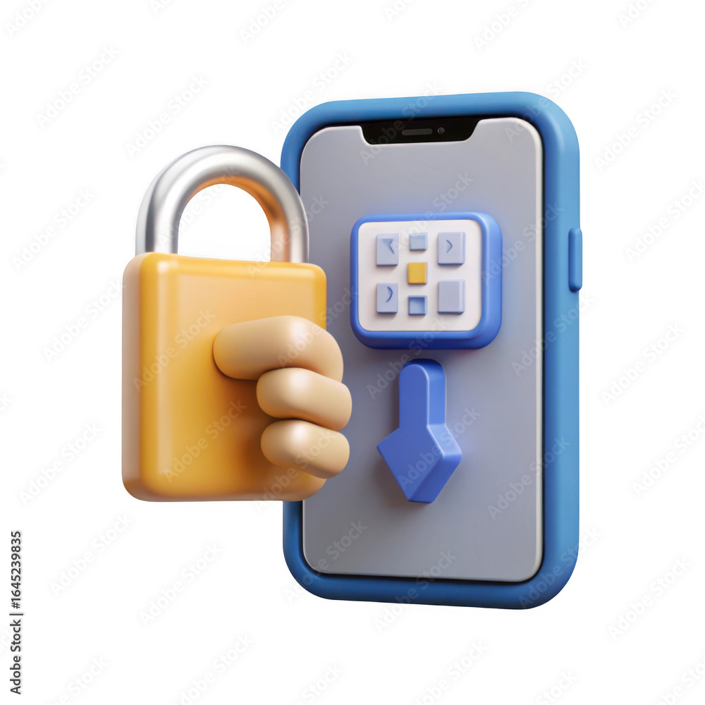 Poster 3d smartphone security lock with padlock isolated on transparent background