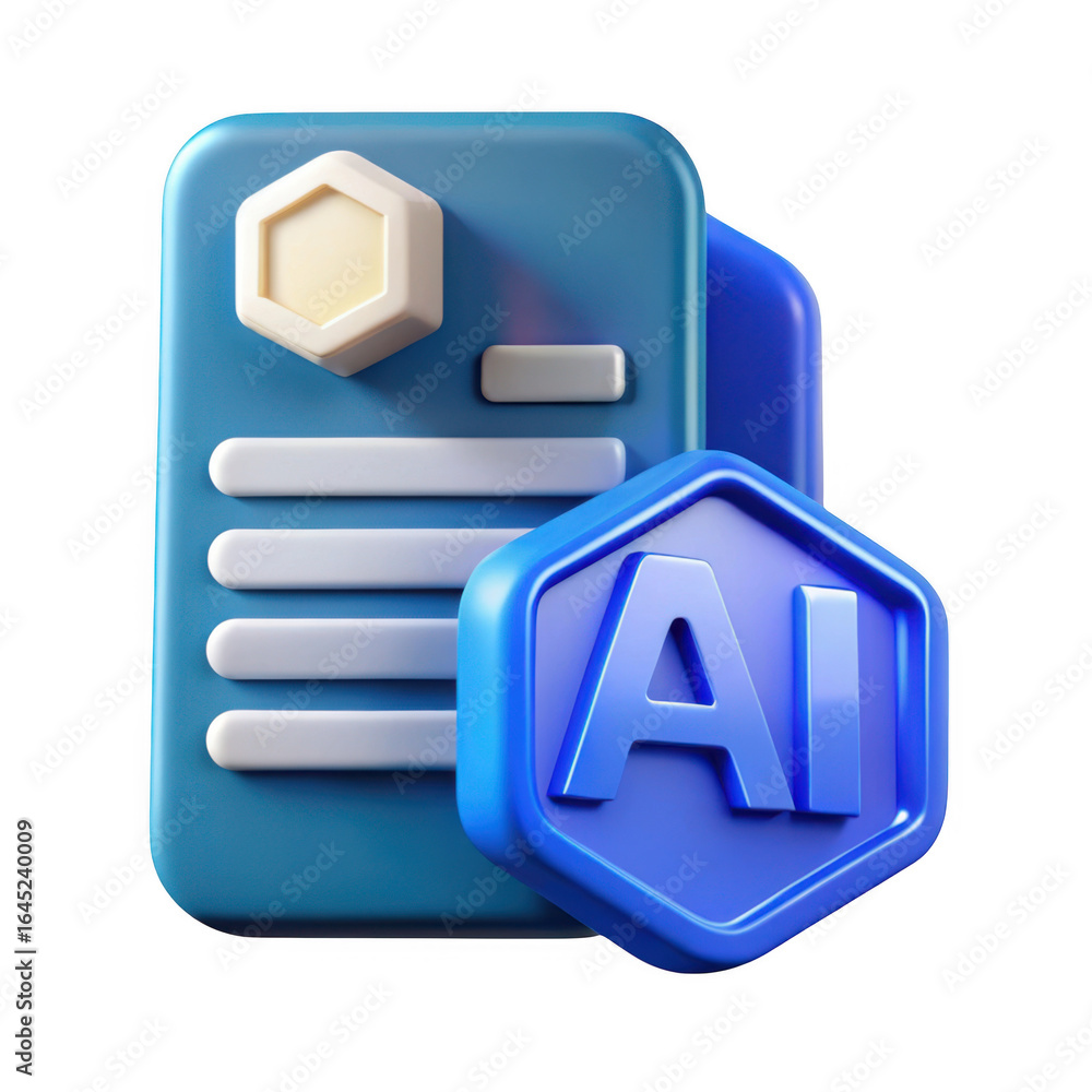 Poster 3d ai document icon with hexagonal elements isolated on transparent background
