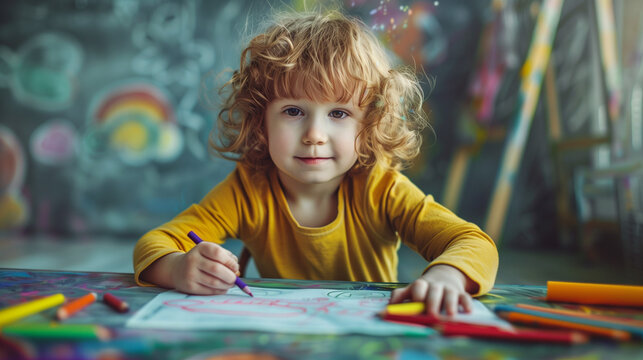 A young child drawing with crayons, and the doodles coming alive - Powered by Adobe