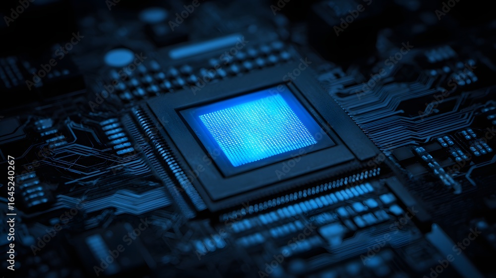 Poster close-up view of a glowing blue processor on a circuit board.