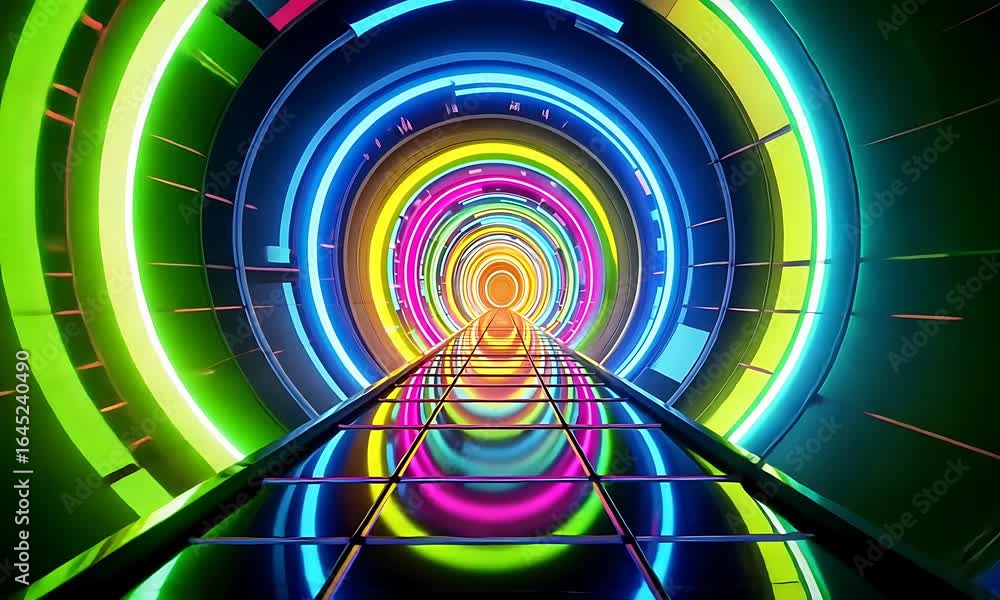 Aufkleber abstract neon tunnel with ladder ascending through geometric shapes and dynamic light spectrum