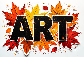 autumn sticker with the word "art" on a background of fallen leaves, on a white background