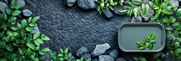 Recyclable container mock resting among cool grey stones and green foliage