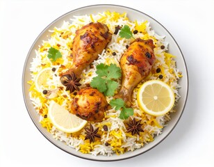 Aromatic chicken biryani with drumsticks, egg, and spices served in a bowl on a white background