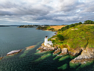 St Anthony Lighthouse from drone, Roseland peninsula, Head circular walk, Cornwall, UK