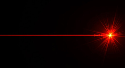 A focused intense red laser beam extends horizontally across a dark background The beam originates from a brilliant star-like point of light creating a dramatic visual