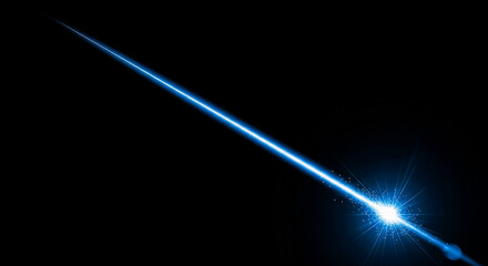 A single intense blue laser beam emanates from a small bright source streaking diagonally across a completely black void The light is sharp and focused