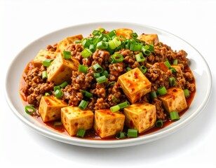 Fototapeta premium Spicy Sichuan Mapo Tofu with minced pork and chopped scallions served on a white plate.