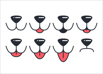 Vector Dog Face Design Elements, Different Emotions. Dog Mouth, Tongue, Nose Isolated. Dog or Cat Face with Closed and Opened Mouth Icons Closeup Set, Collection for Vet Logo, Emblem, Pet Care, Canine
