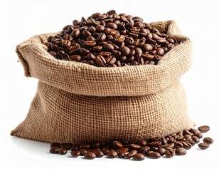 Roasted coffee beans overflowing from a burlap sack on a white background
