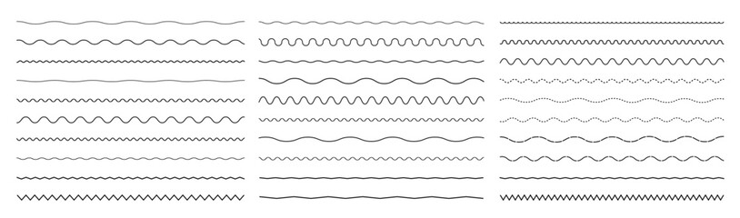 Waves line set. Wave ornament pattern. Set of wavy zigzag lines. Wave thin line background. Vector zigzag and wavy horizontal underline. Vector illustration