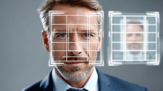 Face Recognition Technology: A close-up shot of a man's face, framed by a high-tech grid, with an adjacent image capturing the essence of recognition technology and data analysis. 