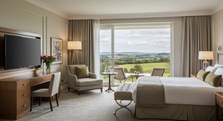 Hotel Room Interior with Countryside View and Furniture