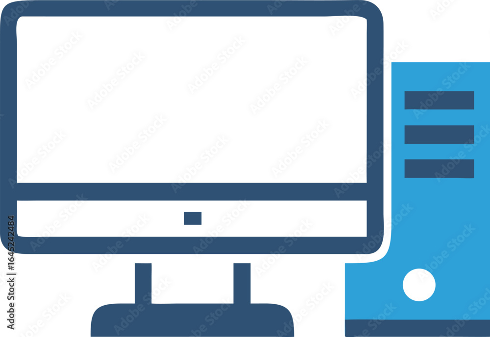 Poster computer desktop icon with monitor and tower on white background technology hardware