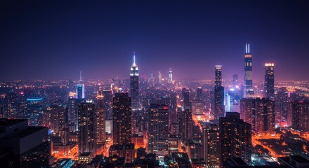 Fototapeta premium City Skyline View at Night with Illuminated Buildings