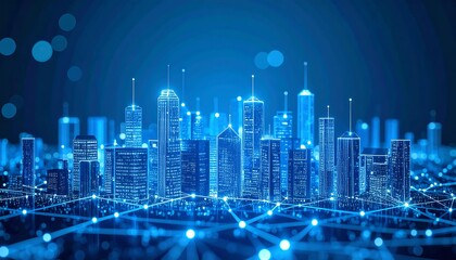 Futuristic city skyline with digital network connection and blue neon glow
