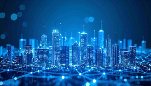Futuristic city skyline with digital network connection and blue neon glow - Powered by Adobe