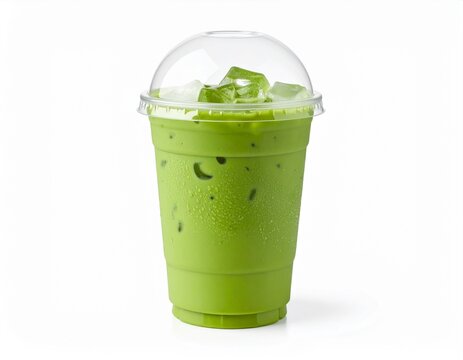 Iced matcha green tea latte in a plastic takeaway cup with a dome lid, isolated on a white background.