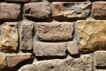 High resolution image, rustic medieval stone and brick wall with a textured masonry pattern in natural earth tones. Rough surfaces, handcrafted elements, tan, beige, red, and brown tones. 