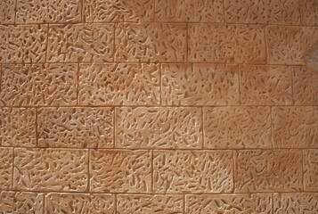 Detailed textured stone wallbackground, rectangular blocks with intricate carved patterns. The brown, orange toned surface, warmth and depth, construction material texture. 