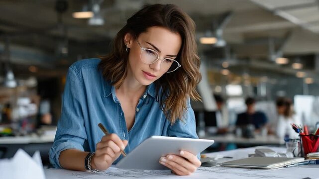 Focused Professional at Work: A focused woman, wearing glasses and a smart casual outfit, engrossed in her work on a tablet, pen in hand.  Capturing the essence of modern work environments.