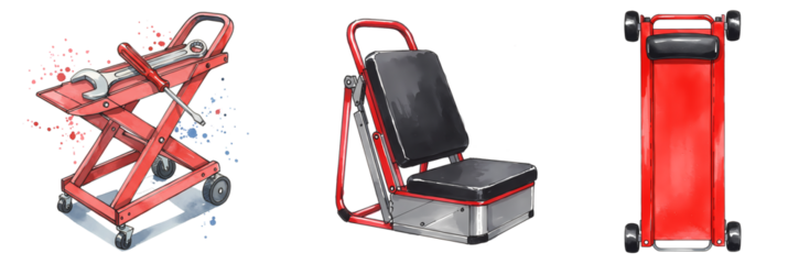 Three views of automotive repair tools including a creeper seat and tool cart on a plain backdrop on transparent background