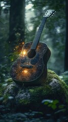 Glowing guitar rests on mossy rock, forest backdrop.