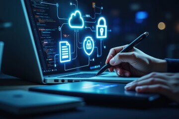 Secure Cloud Computing - A hand using a digital pen on a tablet, with a digital overlay of cloud and padlock icons, symbolizing secure data storage and file protection