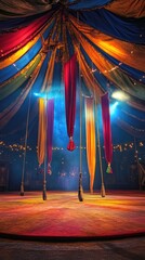 Colorful fabric tent interior, hanging drapes, stage.