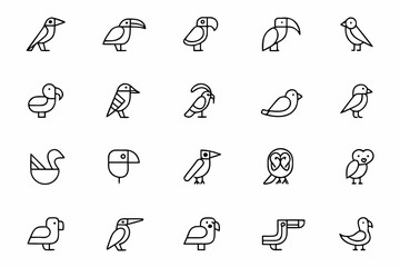 Tropical bird icon pack &ndash; 35 minimal clear line art parrots, toucans, macaws, hummingbirds, editable vector file.