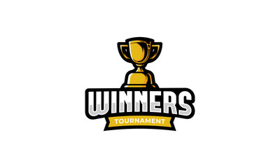 Sport winners logo design. Trophy symbol with golden color and logotype style. Best award vector template