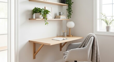Cozy and Functional Fold-Out Wall Desk with Potted Plants and Comfortable Chair in a Bright Corner of a Room.