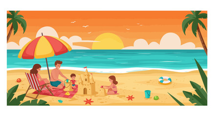 Obraz premium Family Fun on a Tropical Beach Sandcastles & Sunshine